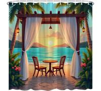 GLKSDLPO Tropical Beach Sunset Shower Curtain, Palm Tree Floral Sunrise Coastal Natural Scenery Bathroom Decor(170x210cm/67x83in(WxH)
