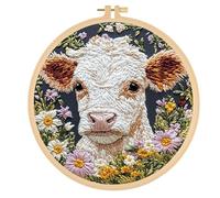 GLLBTPT Embroidery Kit for Adults Beginner - Cartoon Cow with Daisy Flower DIY Embroidery Set, Includes Printed Cloth, Cotton Thread Pack, Frame & Instructions
