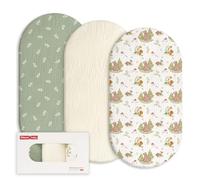 GLLQUEN 3 Pack Muslin Cotton Moses Basket Sheets 83x43 cm Pram OEKO-TEX | Soft Breathable Bassinet Cover for Side Sleeper,10cm Deep Pocket, Hypoallergenic Set, Unisex(Fern & Woodland Pals)