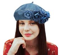 Gllutt Denim Beret Hat for Women Summer Thin Artist French Beret Hat Size Adjustable, Denim Flowers-denim Blue, One Size