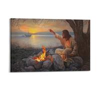 GLMHOK Religious Posters Jesus Set A Fire by The River And Roasted Fish Decorative Painting Canvas Poster 16x24inch(40x60cm)