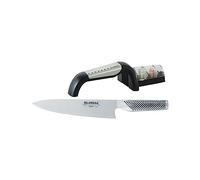 Global 2-Piece Chef's Knife & Pull Through Water Sharpener Set Made in Japan, Stainless Steel - Contains Japanese Knife G-2 Cook's Knife & G-91/SB Ceramic Wheel Sharpener, G-291/SB