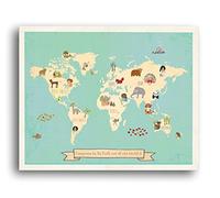 Global Compassion World Map, 36 x 24, Wall Art Print for Children Newborns Toddlers Kids Boho Style Poster Continents North South America Asia Europe Africa Panda Elephant Tiger,Koala Fox Rhino Forest