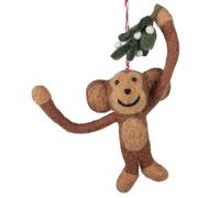 Global Crafts - Monkey and Mistletoe Felt Christmas Ornament - Wool Hanging Decor