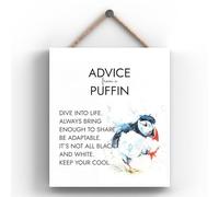 Global Designs ADVICE FROM A PUFFIN SANDI MOWER WATERCOLOUR ARTWORK PRINTED ON WOODEN HANGING PLAQUE