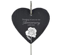 Global Designs Anniversary Grave Stick Marker Plaque Ornament Memorial Slate Heart White Rose Graveside Decor 25x11cm