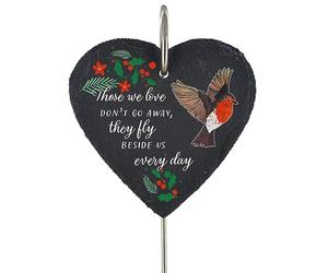Global Designs Christmas Robin Grave Stick Marker Plaque Ornament Slate Heart Holly & Robin Sentimental Tribute Graveside Decor 25x11cm