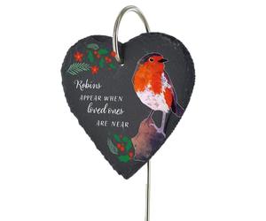 Global Designs Christmas Robin Grave Stick Marker Plaque Ornament Slate Heart Robins Appear When Loved Ones Holly Sentimental Tribute Graveside Decor 25x11cm
