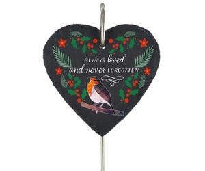 Global Designs Christmas Robin Grave Stick Marker Plaque Ornament Slate Heart Sentimental Tribute Graveside Decor 25x11cm