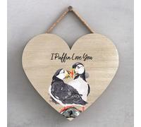 Global Designs I Puffin Love You Watercolour Artwork Decorative Wooden Heart Plaque Wall Art