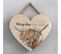 Global Designs Messy Hair Don't Care Cow Watercolour Artwork Decorative Wooden Heart Plaque