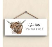 Global Designs On The Farm Highland Cow Watercolour Artwork Decorative Wooden Plaque