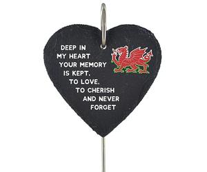 Global Designs Welsh Dragon Grave Stick Marker Plaque Ornament Slate Heart Wales Memoriel Sentimental Tribute Graveside Decor 25x11cm