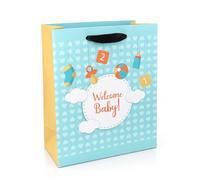 Global Fusion-UK, Welcome Baby Medium Gift Bag - New Baby Design, New Baby Gift Bag, Cute Baby Illustrated Design, For Baby Boy, Baby Girl, Present Bag, 25.3 x 21.5cm
