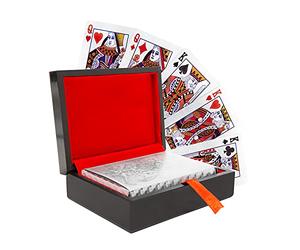 Global Gizmos 51309 Silver Plated Playing Card Set/Stylish Foil Effect/Deluxe Wooden Box/Family Game Night