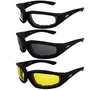 Global Industrial 3 Pairs of Kickback Black Foam Padded Motorcycle Riding Sunglasses 1 Clear Lens 1 Smoke Lens and 1 Yellow Lens