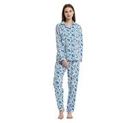 GLOBAL Ladies Pyjamas Set 100% Cotton Womens PJs Drawstring Sleepwear for Women Blue Peony, L