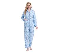 GLOBAL Ladies Pyjamas Set 100% Cotton Womens PJs Long Drawstring Sleepwear for Women Blue White Blue Flowers L