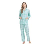 GLOBAL Ladies Pyjamas Set 100% Cotton Womens PJs Long Drawstring Sleepwear for Women,Green Tartan,L