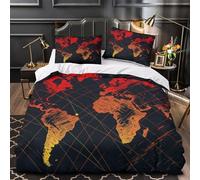 Global Map Art Quilt Cover 3D Design Printed Super Soft 3-Piece Bedding Set Zipper Red Orange Sketch Duvet Cover Luxury Durable for Teens Adults Kids Women Youth Boys Girls King（220x240cm）