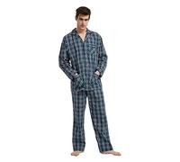 GLOBAL Men Pyjama Set 100% Cotton Button Down Pjs Long Sleeve with Pants Loungewear for Men Soft Comfy Sleepwear Nightwear Blue Green Plaids XXXL