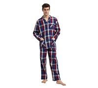 GLOBAL Men Pyjama Set 100% Cotton Button Down Pjs Long Sleeve with Pants Loungewear for Men Soft Comfy Sleepwear Nightwear Blue Red Plaids XXXL