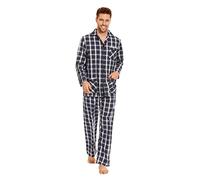 GLOBAL Men's Long Button up Pyjamas Set 100% Cotton Loungewear | Revere Collar, Pockets, Button Fly, Drawstring Elastic Waist, Nightwear, Gingham, Striped, Printed Pjs, Comfy,Perfect Present
