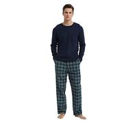 GLOBAL Mens Pyjama Set 100% Cotton Flannel PJs Long-Sleeve Pullover Top and Elastic and Drawstring Bottoms Green Windowpane Checks 3XL