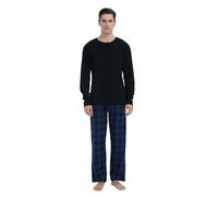 GLOBAL Mens Pyjama Set 100% Cotton Flannel PJs Long-Sleeve Pullover Top and Elastic and Drawstring Bottoms Blue Black Plaid L