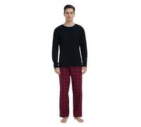 GLOBAL Mens Pyjama Set 100% Cotton Flannel PJs Long-Sleeve Pullover Top and Elastic and Drawstring Bottoms Red Blue Plaid 3XL