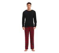 GLOBAL Mens Pyjama Set 100% Cotton Flannel PJs Long-Sleeve Pullover Top and Elastic and Drawstring Bottoms Red Plaid S