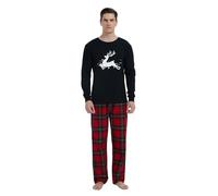 GLOBAL Mens Pyjama Set 100% Cotton Flannel PJs Long-Sleeve Pullover Top and Elastic and Drawstring Bottoms Red Plaid M