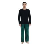 GLOBAL Mens Pyjama Set 100% Cotton Flannel PJs Long-Sleeve Pullover Top and Elastic and Drawstring Bottoms Blue Green Plaid 3XL