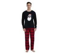 GLOBAL Mens Pyjama Set 100% Cotton Flannel PJs Long-Sleeve Pullover Top and Elastic and Drawstring Bottoms Red Black Plaid L