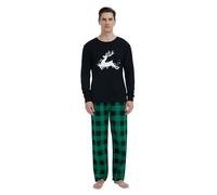 GLOBAL Mens Pyjama Set 100% Cotton Flannel PJs Long-Sleeve Pullover Top and Elastic and Drawstring Bottoms Green Black Plaid XL