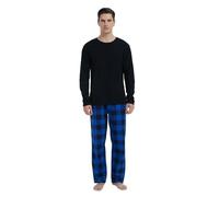 GLOBAL Mens Pyjama Set 100% Cotton Flannel PJs Long-Sleeve Pullover Top and Elastic and Drawstring Bottoms Blue Black Plaid L
