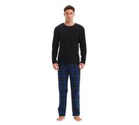 GLOBAL Mens Pyjama Set 100% Cotton Flannel PJs Long-Sleeve Pullover Top and Elastic and Drawstring Bottoms Blue Plaid L