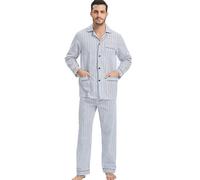 GLOBAL Mens Pyjamas Set | 100% Cotton PJs | Button Front Top and Elastic and Drawstring Bottoms Blue Grey,Grey Stripe XL