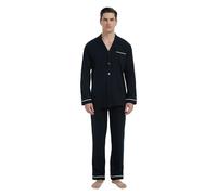 GLOBAL Pyjama Set for Men Long Sleeve Sleepwear Notch Collar Button Down Nightwear Soft Pjs Lounge Set M-Black L