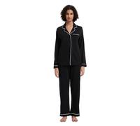 GLOBAL Pyjama Set for Women Long Sleeve Sleepwear Notch Collar Button Down Nightwear Soft Pjs Lounge Set F-Black L