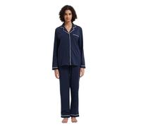 GLOBAL Pyjama Set for Women Long Sleeve Sleepwear Notch Collar Button Down Nightwear Soft Pjs Lounge Set F-Navy Blue L