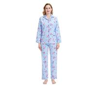 GLOBAL Pyjamas for Women Flannel Cotton Sleepwear long Ladies Pyjamas Sets Button Down Loungewear Blue XXL