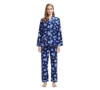 GLOBAL Pyjamas for Women Flannel Cotton Sleepwear long Ladies Pyjamas Sets Button Down Loungewear Blue Flowers XXL