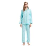 GLOBAL Pyjamas for Women Flannel Cotton Sleepwear long Ladies Pyjamas Sets Button Down Loungewear Green, White Dots L
