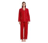 GLOBAL Pyjamas for Women Flannel Cotton Sleepwear long Ladies Pyjamas Sets Button Down Loungewear,Red, White Dots,3XL