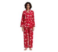 GLOBAL Pyjamas for Women Flannel Cotton Sleepwear long Ladies Pyjamas Sets Button Down Loungewear Red, White Christmas Reindee XL
