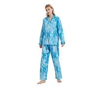 GLOBAL Pyjamas for Women Flannel Cotton Sleepwear long Ladies Pyjamas Sets Button Down LoungewearBlue Shades,XL