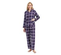 GLOBAL Pyjamas for Women Flannel Cotton Sleepwear long Ladies Pyjamas Sets Button Down LoungewearBlue/Purple/White,plaid,XXL
