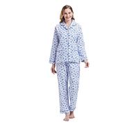 GLOBAL Pyjamas for Women Flannel Cotton Sleepwear long Ladies Pyjamas Sets Button Down LoungewearBlue Flowers 1,XXL
