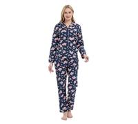 GLOBAL Pyjamas for Women Flannel Cotton Sleepwear long Ladies Pyjamas Sets Button Down LoungewearBlue Pink Flowers,XL